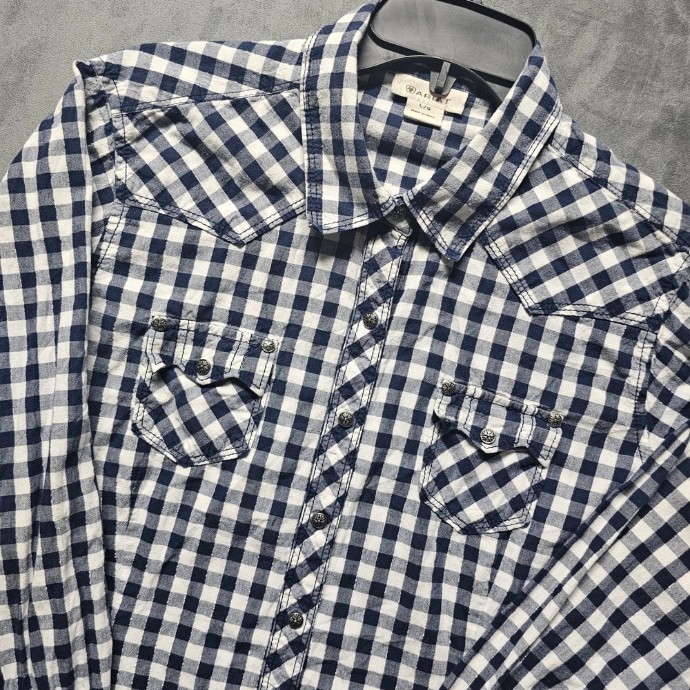 Ariat Womens Navy Gingham Metallic Western Snap Shirt Long Sleeve L 10017130